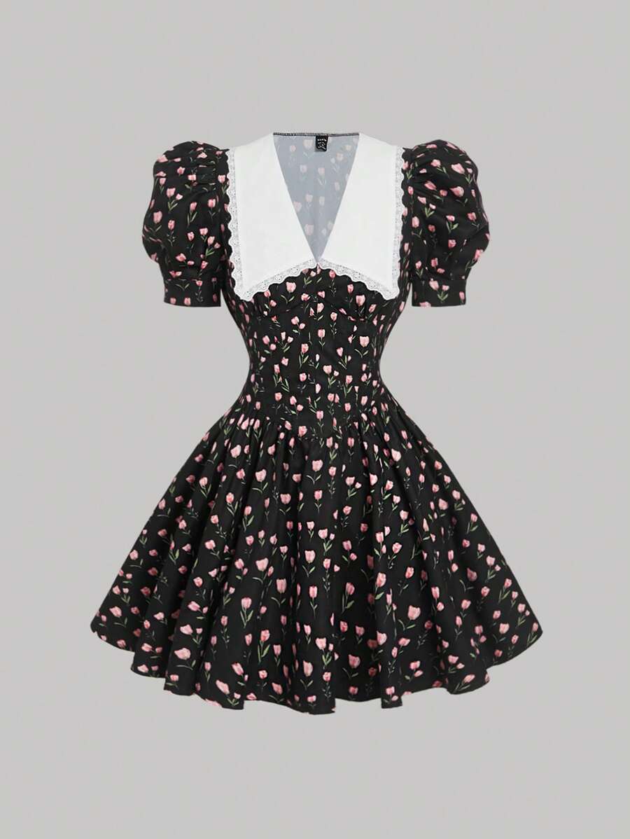 SHEIN MOD Women's Collared Gigot Sleeve Fishbone Pattern Ditsy Floral Dress,Black&White,Sundresses For Vacation,Sun Dress,Birthday Dress,Vacation Dress,Beach,Tropical Dress,Dress Party,Cute Dress,Dresses For Women Summer,Brunch,Summer Dresses,Casual Dresses,Summer Dresses Summer Clothes - Multicolor - View 1