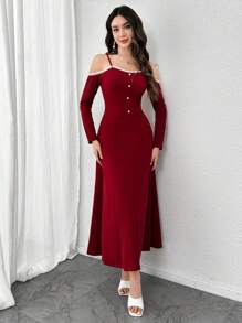 Modelyn Women's Korean Style Charming V-Neck Camisole Dress With Floral Lace Trim, Fitted And Slimming, Long Length - Burgundy - View 3