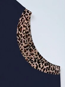 SHEIN LUNE 女士拼布豹纹圆领短袖休闲 T 恤