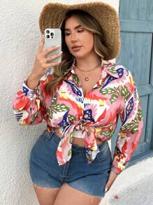 SHEIN Clasi Plus Size Casual Tropical Print Button-Down Shirt - Multicolor - View 5