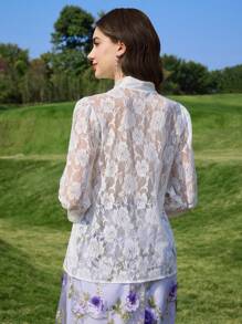 Modelyn Women Floral Lace-Up Front Long Sleeve Elegant Blouse