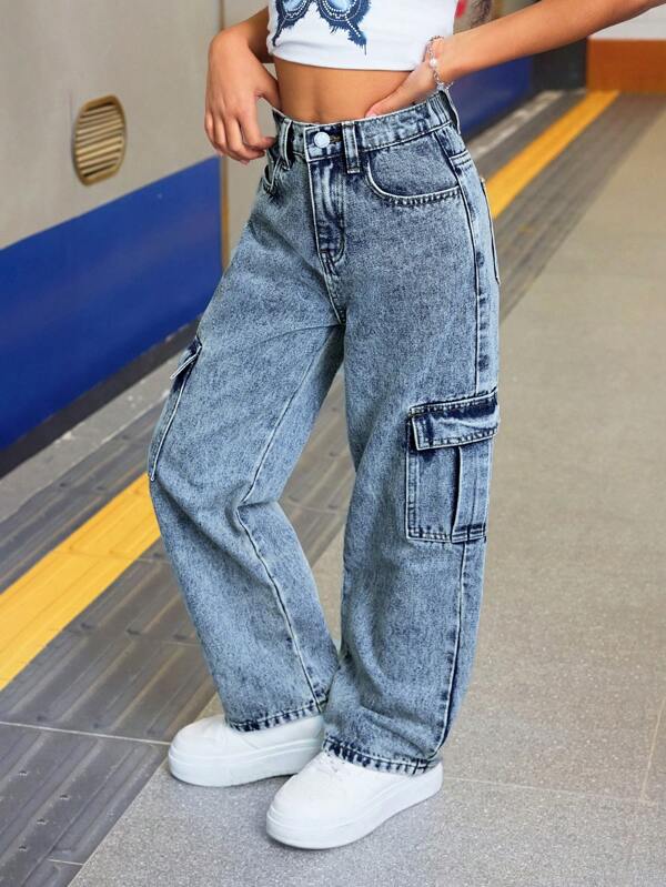 SHEIN Pantalones vaqueros cargo rectos casuales y de moda anchos para niñas preadolescentes con bolsillos con solapa y detalles de costuras contrastantes, para conjuntos de primavera y verano