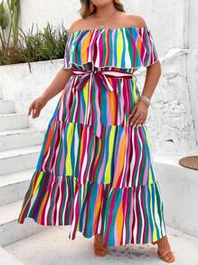 SHEIN CURVE+ Plus Size Vacation Leisure Colorful Striped Pattern Off-Shoulder Ruffle Trimmed Multi-Tiered Hem A-Line Dress Pride Month Rainbow Women's Long Dress Boho Vacation - Multicolor - View 7