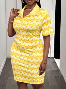 Slaydiva 大码度假休闲时尚几何图案马球领半拉链迷你连衣裙，女式，春夏