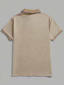 Manfinity Homme Men's Solid Color Contrasting Front Button Short Sleeve Casual Knit Polo Shirt - Khaki - View 8