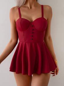 Swim Lushoire Women's Solid Color Backless Camisole & Shorts Tankini Set, For Summer Beach Vacation