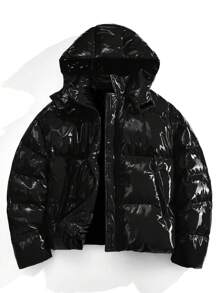 AXEPEAK Men's Solid Color Shiny Front Zip Closure Hooded Winter Jacket - Black - View 6