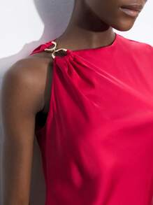 Maija Women's Red Summer Dress With Asymmetrical Sleeve Length, Shoulder Twist Metal Decor, Elegant Solid Color Satin Crepe Fabric, Asymmetric Neckline, Fashion Versatile For Holiday, Party, Music Festival