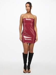 SUMWON WOMEN 无肩带乙烯基迷你派对连衣裙，修身紧身夜店装，闪亮乳胶质感，适合夜间外出、跳舞、晚宴等场合，弹力贴身，节日假日魅力装扮 - 紅色 - 查看 6