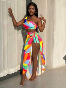 SHEIN Slayr Set de 3 piezas Traje de baño y vestido casual de fiesta de playa con hombro descubierto, estampado geométrico y de camuflaje, para primavera/verano para mujeres