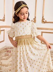 Đầm trẻ em chấm bi vàng màu mơ tay bèo thanh lịch, thích hợp cho các buổi họp mặt gia đình - trắng - Xem 4