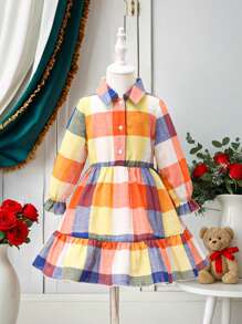 Vestido camisa a cuadros azules para niñas y niñas pequeñas, adecuado para uso casual diario y para Navidad - Azul - Ver 1
