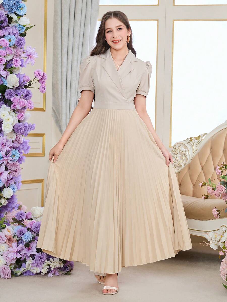 Vestido casual con overlay de malla y cintura brillante para chicas adolescentes, apropiado para reuniones familiares, fiestas de Navidad, primavera y otoño - Albaricoque - Ver 1