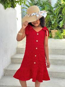 SHEIN Leap Crew Tween Girl Tie Bow Ruffle Trim Sweet Vacation Dress - Red - View 4