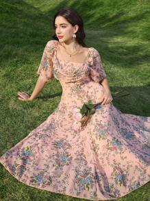 Modelyn Vestido de gasa con cuello drapeado, mangas cortas y cintura alta para mujer