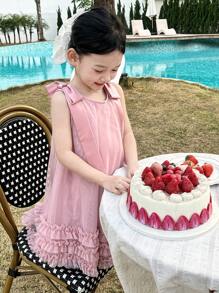 DAZY Young Girl Plain Sleeveless Pleated Ruffle Hem Casual Dress, Girls Summer Outfits - Pink - View 4