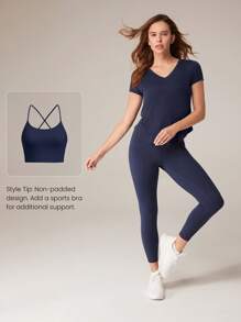 GLOWMODE 美利奴羊毛保暖舒适 V 领基本款短袖 T 恤日常休闲 - Dark Blue - 查看 7