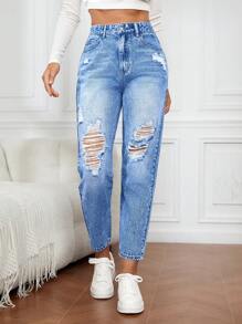 EMERY ROSE Casual Distressed Denim Jeans, Simple And Fashionable For Daily Wear - Medium Wash - View 4