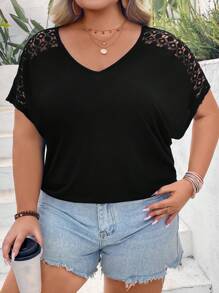 SHEIN CURVE+ Plus Contrast Lace Dolman Sleeve Tee Boho Vacation - Black - View 7