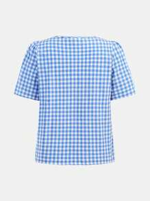 Girlism Camicia a quadri blu con fiocco per ragazze adolescenti, completo casual da vacanza con camicia a quadri e pantaloncini