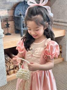 DAZY Ruched Short Puff Sleeve Elegant Dress - Pink - View 3