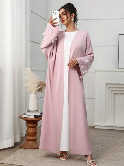 Yasmyna Women's Long Sleeve Arab Abaya Outwear With Bow Cuff And Faux Pearl Decor, Modest Robe
