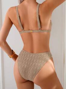 女士沙滩装，纹理面料不对称金属装饰比基尼女士泳装套装，海滩度假休闲泳装，适合夏季海滩度假