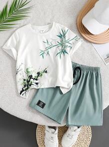 2 pièces Ensemble T-shirt tricoté à manches courtes avec imprimé végétal ample au col rond et short unicolore, pour garçon, décontracté, polyvalent pour l'école, le jardin, la plage, les anniversaires, le printemps, l'été, l'automne et l'hiver