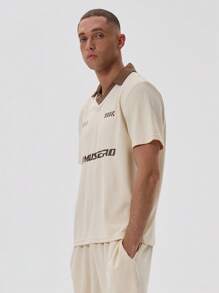 Musero Collared Contrast Hem Slogan Mesh T-Shirt Top - Multicolor - View 2