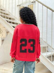 SHEIN Leap Crew Tween Girl Casual Chic Knit V-Neck Loose Fit Long Sleeve Sweatshirt - Red - View 2