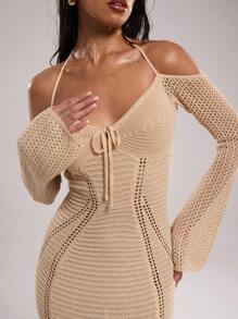 SHEIN BAE Vestido de punto ajustado con hombros descubiertos y lazo delantero de unicolor, ropa de San Valentín, atuendos de vacaciones, atuendos de verano para mujer, suéteres para mujer, vestidos de verano para mujer, atuendos de playa para mujer, ropa occidental para mujer, vestido de suéter para mujer, vestido de verano para mujer en otoño/invierno