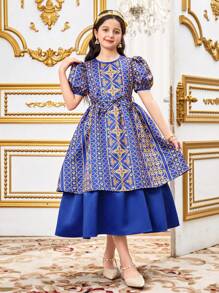 SHEIN Tween Girls Woven Jacquard Floral Print Puff Sleeve Ruffle Hem Mix Dress, Regal Dress, Cobalt Blue - Royal Blue - View 2