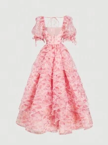 SHEIN MOD Women Pink Floral Mushroom Bow Maxi Dress,Summer Cottage Core Tea Party Wedding Guest Dress,Valentine's Day Beach Cruise Outfits,Gothic Western Wear - Multicolor - View 8