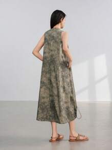 Dazy-Less 女式亚麻扎染印花休闲宽松抽绳系腰中长连衣裙夏季 - 橄欖綠 - 查看 5