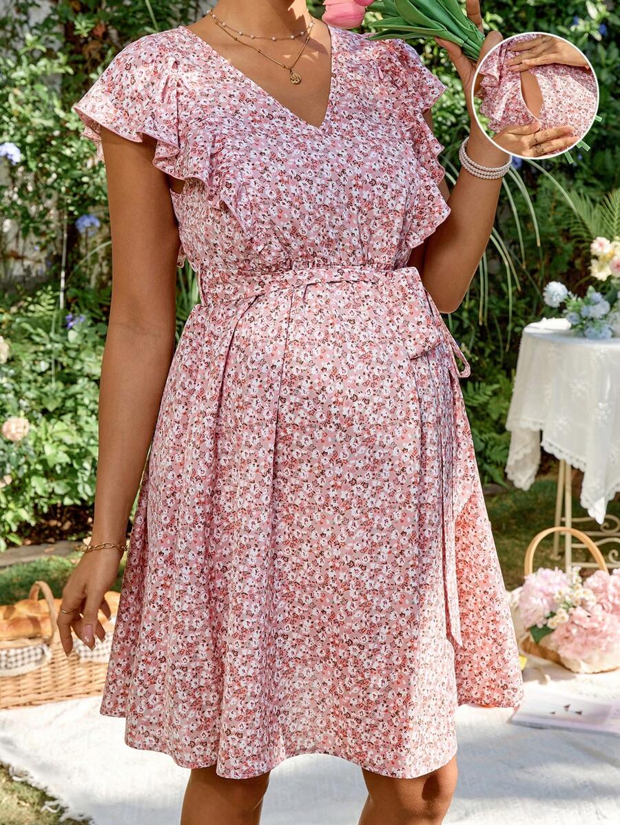SHEIN Casual Vacation Floral Sundress For Pregnant & Nursing Mothers - Pink - View 1