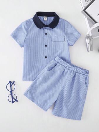 PrepCrw 2 件男童春夏格子衬衫和海军蓝短裤套装