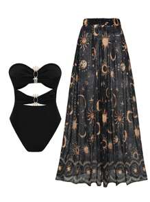 Swim Oasis 春假纯色女士无肩带向日葵装饰连体泳衣和随机印花薄纱沙滩裙，度假和节日波西米亚风格