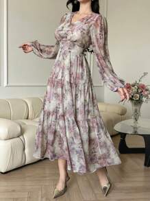 DAZY 女士长款休闲连衣裙，简约时尚，适合日常穿着，花卉图案，秋季长袖连衣裙，度假装扮 - 淺灰紫 - 查看 3