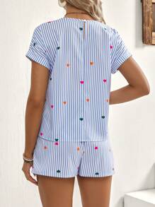 SHEIN Bộ 2 áo sọc và quần short họa tiết trái tim cho bà bầu đi nghỉ mát - Xanh và trắng - Xem 2