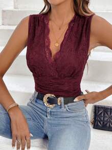 SHEIN Clasi 1 件无袖纯色休闲时尚紧身衣，日常穿着 - 酒紅色 - 查看 3