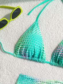 Swim SXY 3pcs/Set Tie-Dye Mesh Fabric Halter Crop Top, Knotted Shorts & Bowknot Hem Skirt Bikini Swimwear Set, Resort Beachwear, For Summer Vacation