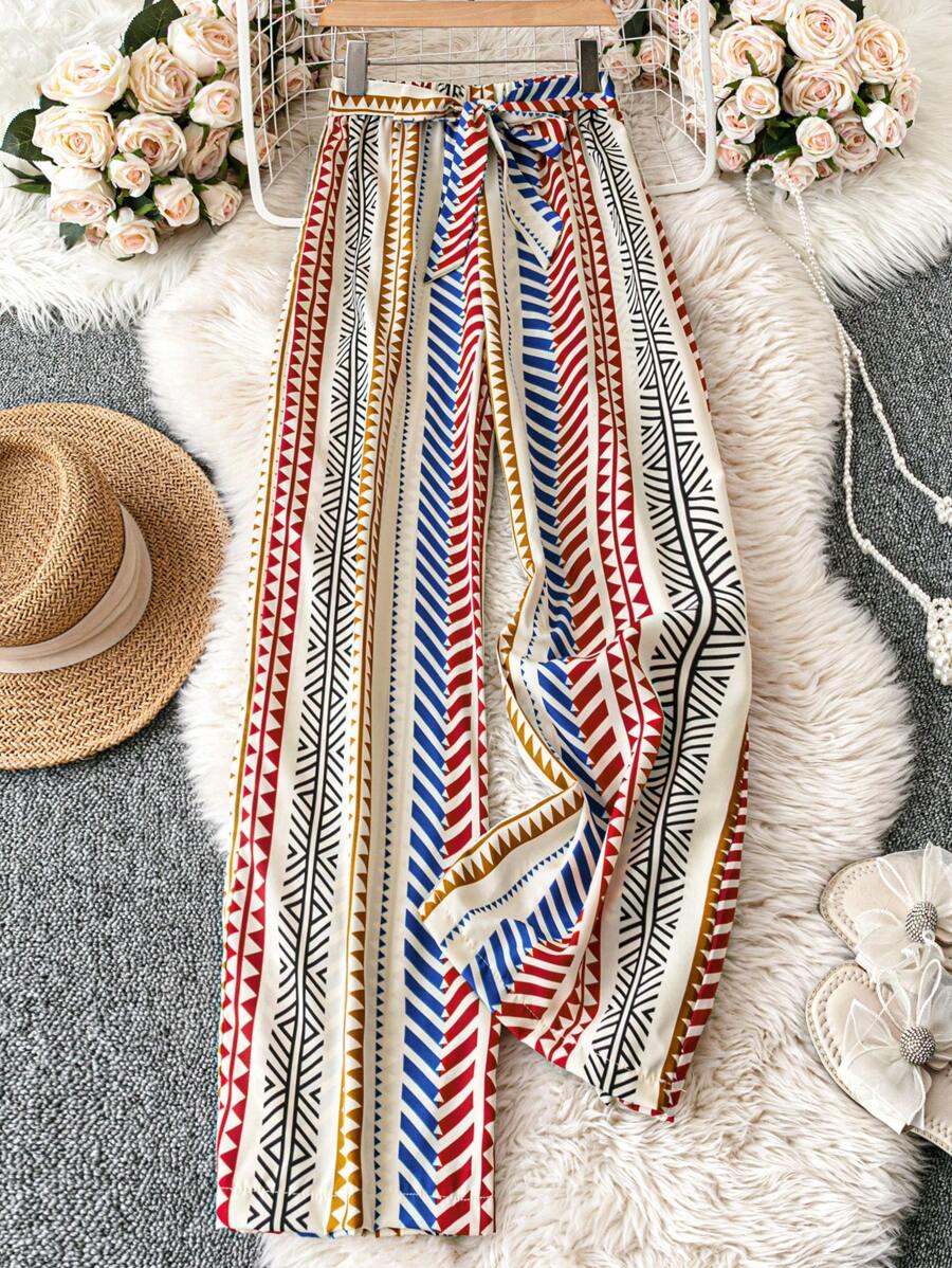 Breezaya 女士休闲系带条纹裤，简约日常穿着 - 彩色 - 查看 1