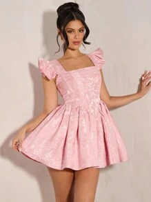 SHEIN BAE Đầm mini xếp ly cổ vuông màu trơn hở lưng Đầm hở lưng màu hồng không tay bồng bềnh cho nữ Đầm dự tiệc phong cách cung điện Đầm xòe trang trí nơ lớn lưng mùa hè - Hồng - Xem 4