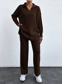 SHEIN PETITE 2pcs/Set Solid Color Turn-Down Collar Sweater And Long Pants Outfit