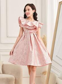 SHEIN Teen Girl Luxurious Elegant Multi-Layer Ruffle V-Neck Jacquard Pleated Cap Sleeve Dress