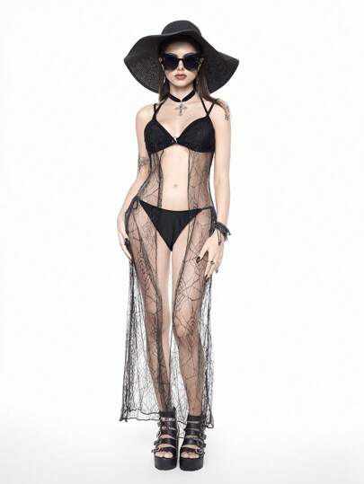 Goth Women's Vacation Mesh See-Through Sexy Long Neck Tie Cover Up, For Beach, Halloween