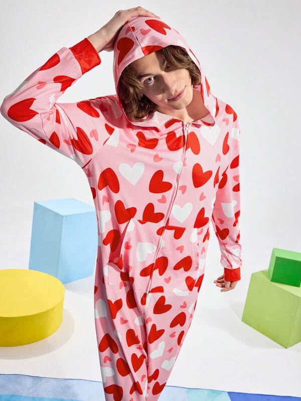 Happy Jammies Herren Jumpsuit Schlafanzug mit Herz Muster
