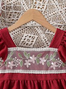 Young Girl' Embroidered Floral Colorblock Plaid Bubble Cap Sleeve Dress, Vacation & Outdoor Princess Dress - Red - View 6