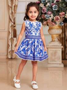 Floral Print Sleeveless Casual Blouse For Young Girls, Suitable For Vacation - Blue - View 1