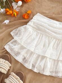 Soleia Vacation Lace Double Ruffle Hem Mini Skirt - White - View 7